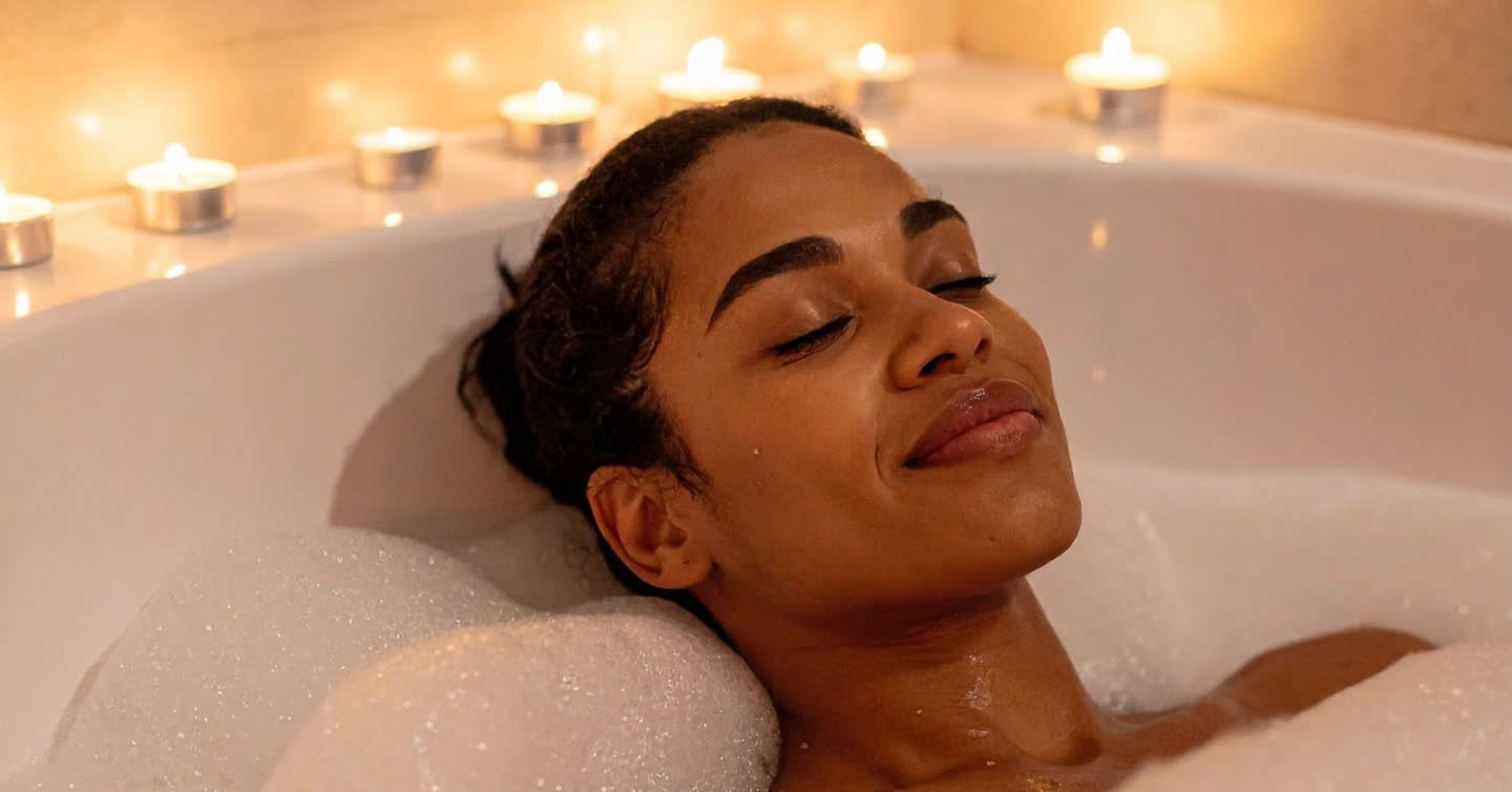 Woman relaxing with eyes closed in a candlelit bubble bath surrounded by glowing tealight candles