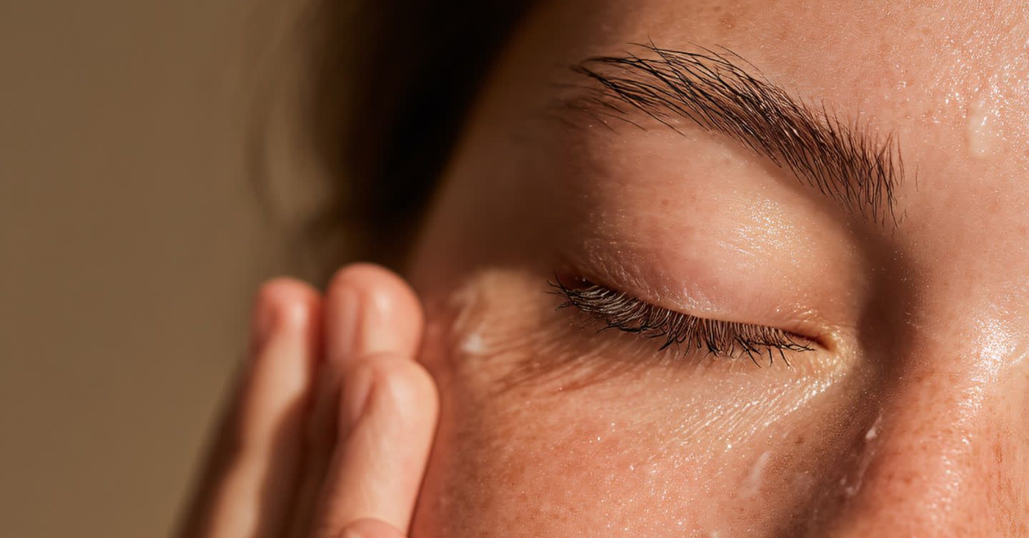 Close-up of a woman's closed eye with dewy skin and fingers gently touching near the eyelid area
