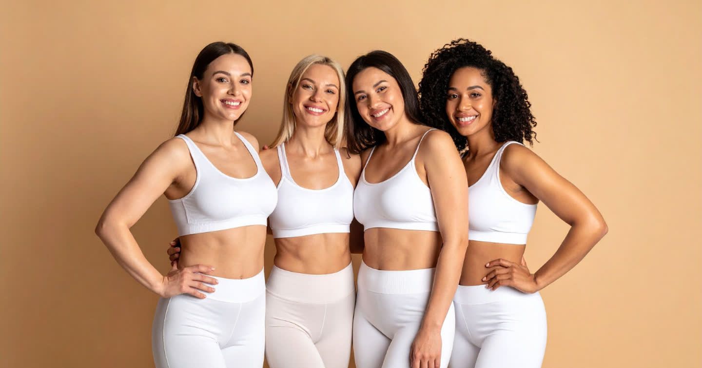 Four smiling women with diverse skin tones wearing white sports bras and leggings posing against a beige background